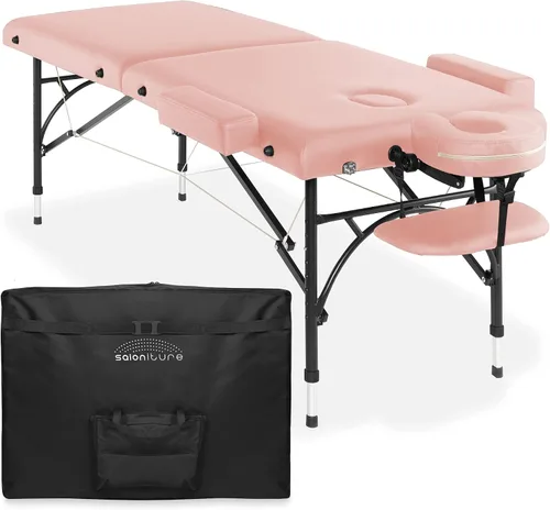 Vista 8 de Saloniture Mesa de masaje profesional portátil y ligera con patas de aluminio, incluye reposacabezas, soporte facial, reposabrazos y funda