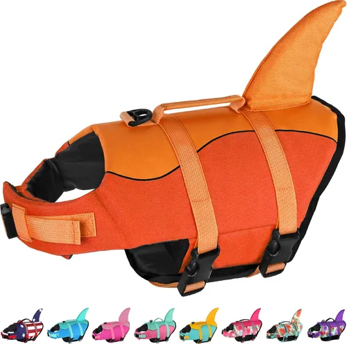 Vista 8 de Dogcheer - Chaleco salvavidas para perros, lindo diseño de tiburón para natación y navegación con flotabilidad superior y asa de rescate, chaleco