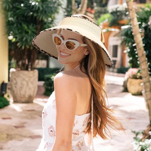 Vista 3 de Sombrero de paja con protección UV, visera de playa, sombrero de ala ancha, estampado de leopardo, enrollable, plegable para mujer