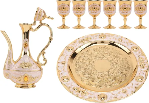 Vista 9 de PRETYZOOM Juego de decantador de vino pequeño decorativo con bandeja, tazas de vino de metal dorado y maceta para regalos de boda y decoración