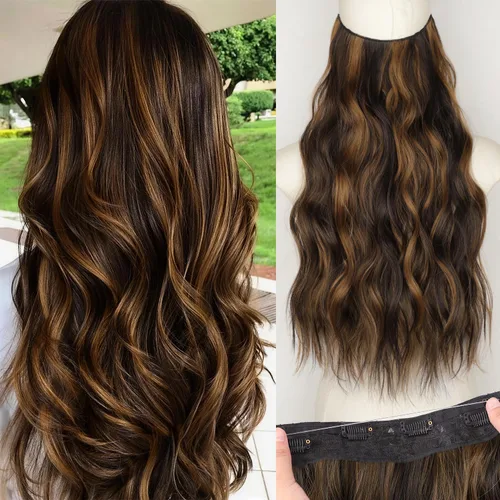 Vista 72 de KooKaStyle Extensiones de cabello de alambre invisible con diadema transparente, tamaño ajustable, 4 clips de seguridad, largo, ondulado, alambre