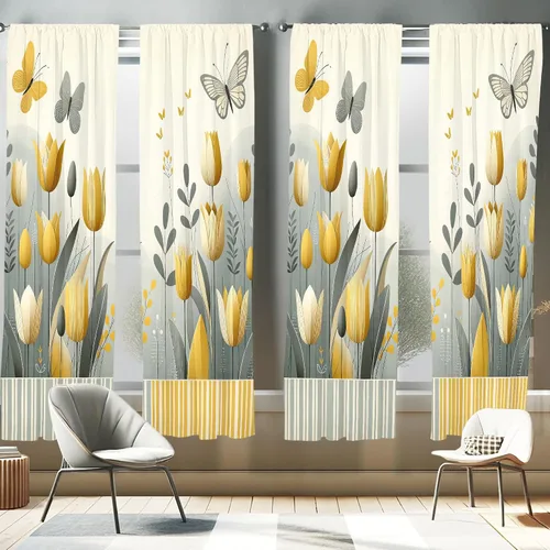 Vista 15 de Ambesonne - Cortinas amarillas para ventana, arte moderno escandinavo de escena de jardín con flores de tulipán y mariposas bailando, juego de 2