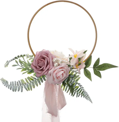 Vista 8 de Corona de aro floral de boda para damas de honor, guirnalda de mano de metal artificial para dama de honor con guirnalda de rosas y eucaliptos Azul