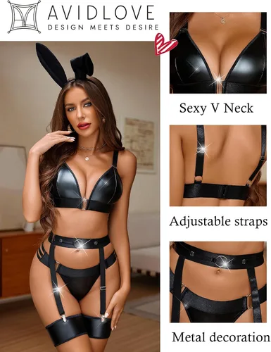 Vista 2 de Avidlove Conjunto de lencería de cuero para mujer, 5 piezas, sujetador y braga babydoll