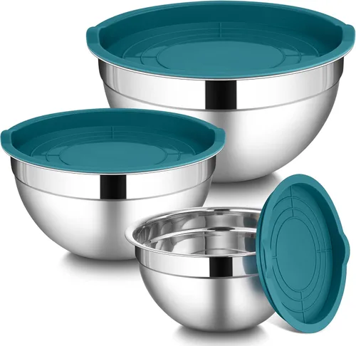 Vista 11 de LIANYU Juego de 3 tazones para mezclar con tapas, tazones de metal de acero inoxidable anidables grandes y pequeños para almacenamiento de cocina