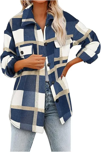Vista 4 de Chaqueta de franela a cuadros para mujer, manga larga, mezcla de lana, chaquetas de otoño con botones en el pecho, bolsillos en el pecho, trajes