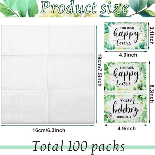 Vista 2 de Lincia Paquete de 100 pañuelos de papel de lágrimas felices para boda, 3 capas, pañuelos de boda para invitados, tamaño de viaje, papel facial a