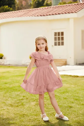 Vista 4 de GRACE KARIN Vestido de verano para niñas, vestido de verano con un hombro y manga con volantes, vestido casual