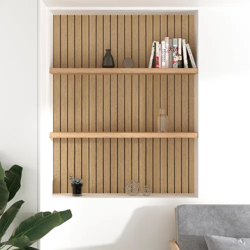 Vista 4 de Paneles de madera marrón para pared, a prueba de sonido, papel tapiz de listones de madera, apto para inquilinos, paneles de pared 3D
