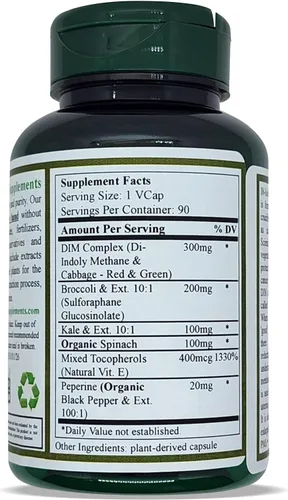 Vista 2 de Green Organic Supplements DIM, diindolilmetano, I-3-C, indol-3-carbinol, brócoli, 90 VCaps, alta absorción, sin OMG, sin gluten, (paquete de 3)