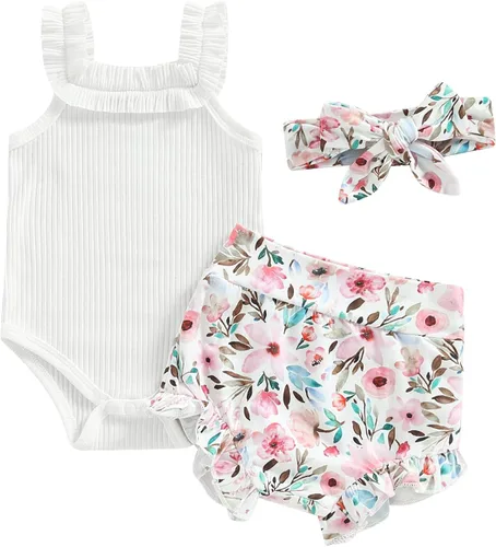 Vista 47 de TheFound Trajes de verano para niñas pequeñas, sin mangas, de punto acanalado, halter, pantalones cortos, ropa para recién nacidos, conjunto de 3