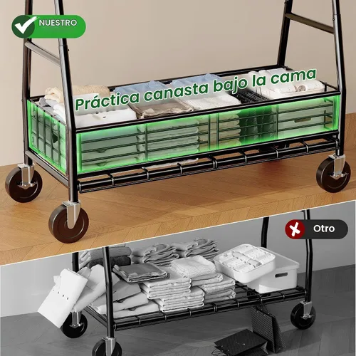 Vista 3 de Raybee Perchero resistente de alta capacidad 285KG, perchero para ropa con varillas dobles y cesta de almacenamiento, perchero portátil para ropa