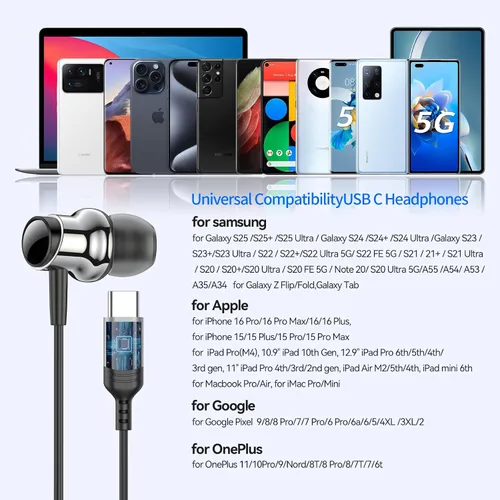 Vista 5 de Auriculares USB C para Samsung S25 S24 S23 Ultra FE S22 A55 A54 Auriculares con Cable Magnéticos Intrauditivos Tipo C con Micrófono Control