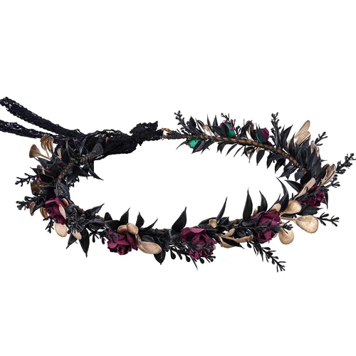 Vista 6 de MOSTORY Tocado de flores negras, corona floral de hada, corona de elfo oscuro, círculo de elfos para el Renacimiento, Halloween, gótico, boda