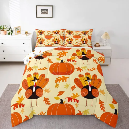 Vista 14 de Juego de edredón de calabaza de otoño, tamaño individual, juego de ropa de cama de hojas de arce para niños y niñas, cosecha de otoño, fruta