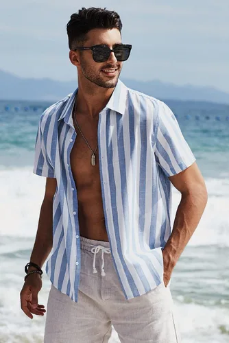 Vista 12 de JMIERR Camisas de vestir a rayas con botones y manga corta para hombre