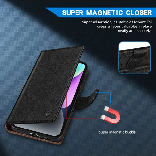 Vista 2 de ZZXX Funda tipo cartera para iPhone 15 con bloqueo RFID, ranura para tarjetas, función atril, cierre magnético, funda protectora de cuero plegable