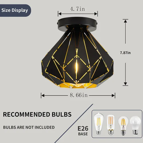 Vista 3 de Modern Geometric Ceiling Light, Black Metal Diamond Cage Design, Semi-Flush Mount, Industrial Style, E26, Matte Black with Gold Inside