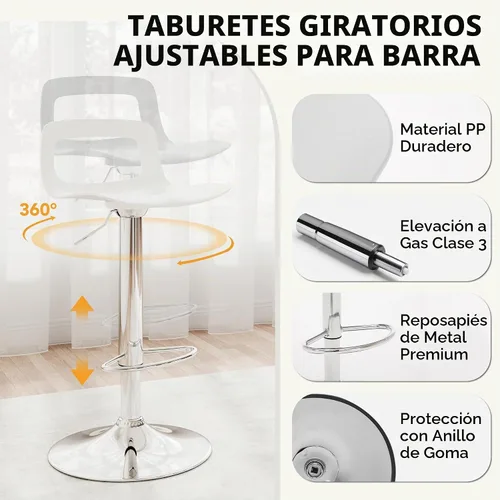 Vista 3 de Juego de 2 taburetes de bar, taburetes de bar giratorios de plástico ajustables, taburetes modernos con respaldo abierto y reposapiés, taburetes
