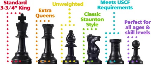 Vista 2 de Torneo de plástico básico y piezas de ajedrez Club Staunton con rey de 3 3/4 pulgadas y reinas extra - Sin