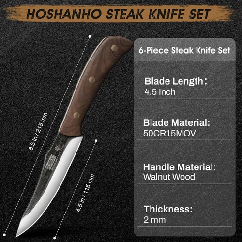 Vista 4 de HOSHANHO Juego de 6 cuchillos para carne, ultra afilados de 4.5 pulgadas, no dentados, de acero de alto carbono, forjados a mano con mango de madera