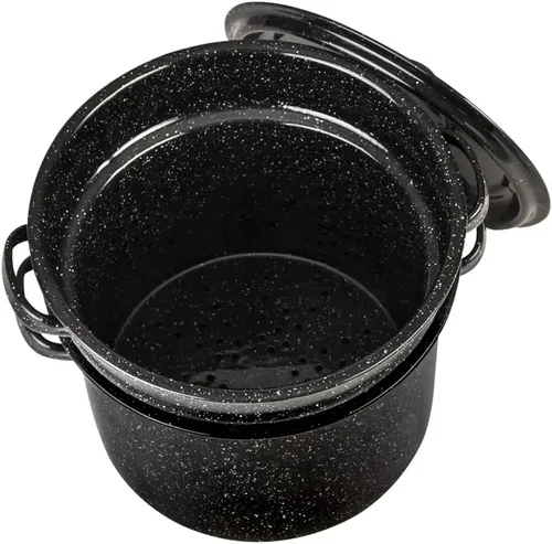 Vista 4 de Granite Ware Juego de 3 ollas multiuso para pasta de 7.5 cuartos de galón, olla coladora con tapa. (negro moteado) mariscos, sopas, salsa, gran