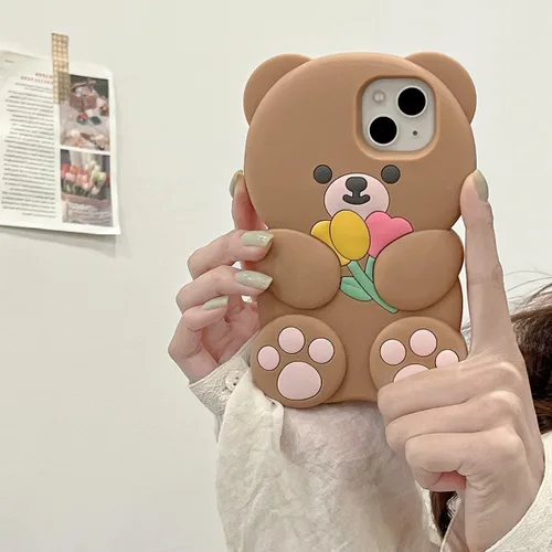 Vista 3 de Fundas de teléfono Kawaii para iPhone 6 Plus/7 Plus/8 Plus, linda funda de teléfono de oso de dibujos animados con flor, funda de teléfono de oso