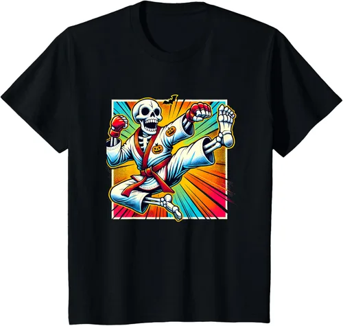 Vista 4 de Halloween Skeleton Karate T-Shirt Negro