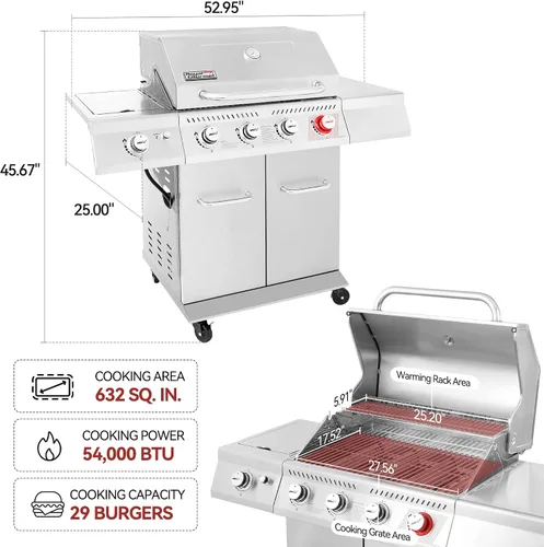 Vista 3 de Royal Gourmet GA4402S Parrilla de gas propano de 4 quemadores con quemador lateral y estante de calentamiento, parrilla de gas de acero inoxidable