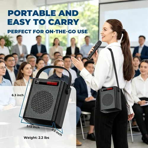 Vista 5 de Amplificador de voz con micrófono inalámbrico y altavoz - Sistema PA Bluetooth portátil mini con micrófono de mano, megáfono recargable ultraligero