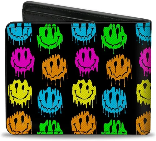 Vista 2 de Buckle-Down Cartera, plegable, caras sonrientes derretidas mini repetición negro multi neón, cuero vegano, Smiley Face