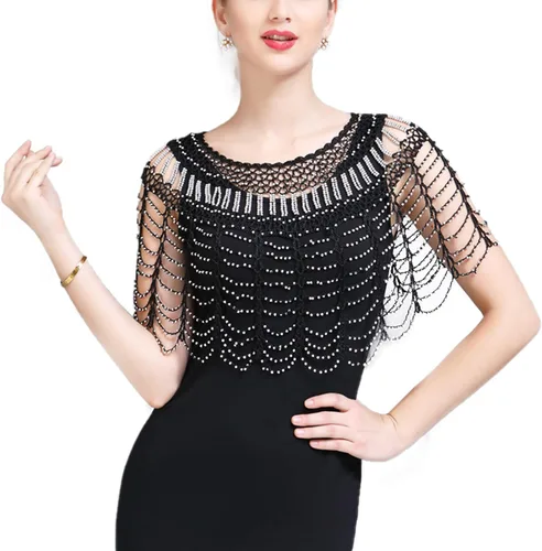 Vista 20 de Chales envolventes para mujer de los años 1920 con lentejuelas y cuentas, chales nupciales estilo flapper, capa de noche A #. Estilo 2-negro y dorado