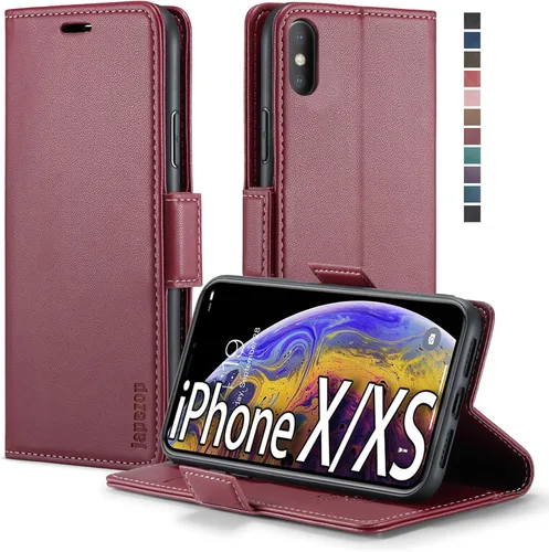 Vista 20 de japezop Funda tipo cartera compatible con iPhone Xs/iPhone X con tarjetero y bloqueo RFID, funda de cuero suave con soporte magnético y funda Negro