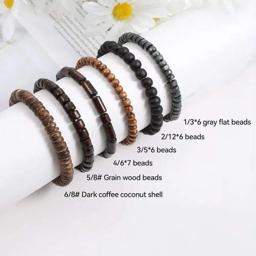 Vista 3 de TIESOME 6 pulseras de cuentas para hombre, cuentas de madera multicapa y pulseras de cuero trenzado, cordón elástico ajustable, estilo grunge