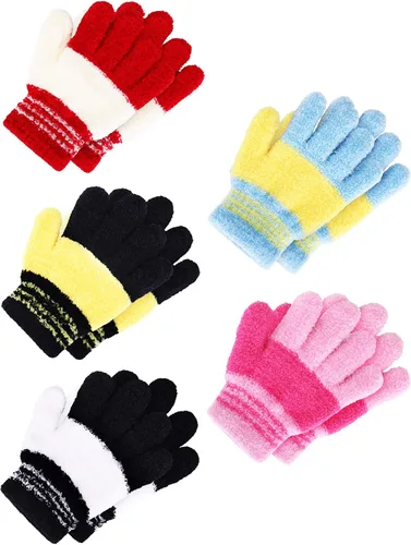 Vista 6 de SATINIOR 5 pares de guantes de dedos completos para niños, guantes de punto cálidos guantes de invierno para niños pequeños y niñas, suministros