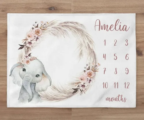 Vista 2 de NAZENTI Manta de bebé – Manta personalizada de elefante niña, manta personalizada de hojas de pampa, manta del mes del bebé, regalo para recién