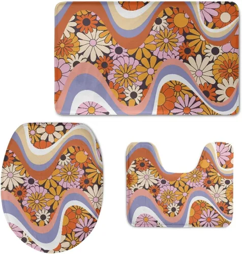 Vista 9 de UNICEU Alfombras de baño de 3 piezas, diseño de margaritas hippie, girasol, suave, absorbente, alfombrilla de baño + alfombrilla de contorno