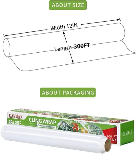 Vista 3 de KAMMAK Envoltura de plástico, envoltura de alimentos con cortador deslizante, envoltura adhesiva de 12 pulgadas, película transparente para servicio