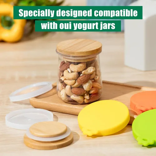 Vista 5 de Mumufy - 27 tapas para tarros de yogur Oui de silicona, madera de bambú, tapas de plástico transparente con anillos de sellado de silicona, fundas