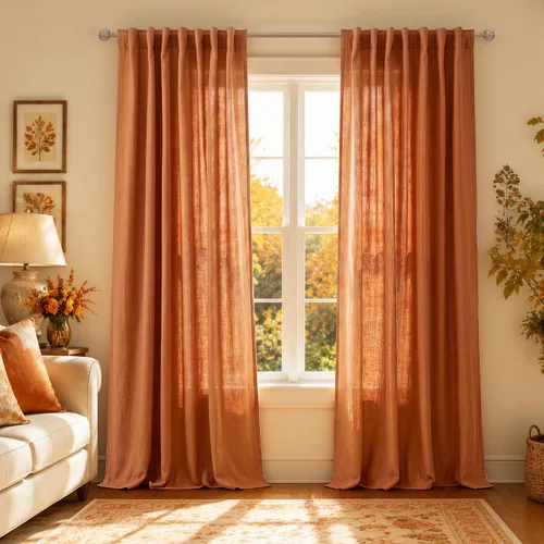 Vista 80 de Cortinas rústicas color beige tostado de 42 x 84 pulgadas de largo para sala de estar, juego de 2 paneles transparentes de lino natural, imitación
