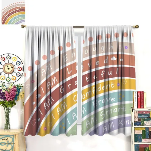 Vista 3 de Cortinas bohemias de arco iris, dibujos animados, citas motivacionales, impresiones abstractas coloridas, opacas, tratamiento de ventana para niños