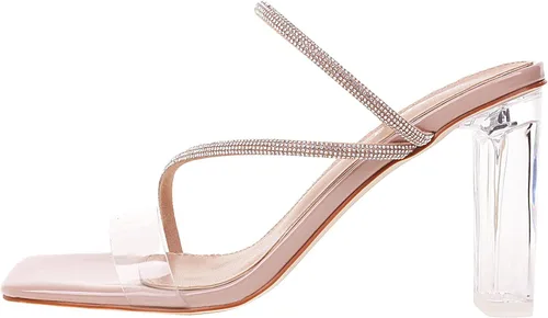 Vista 4 de vivianly Sandalias de tacón con tiras transparentes con diamantes de imitación para mujer, con puntera cuadrada, tacones altos, deslizantes, vestido