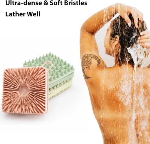 Vista 6 de 2 piezas cepillo exfoliante corporal de silicona, cepillo de champú corporal de silicona, esponja de silicona suave para piel sensible, masajeador