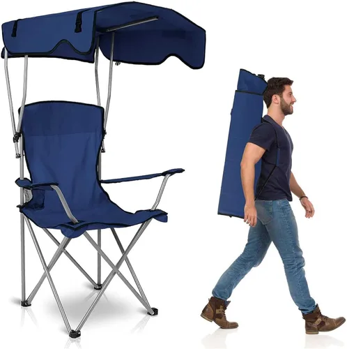 Vista 7 de TeqHome Silla de camping con toldo de sombra, silla de césped plegable resistente con capacidad máxima de 330 libras, silla de playa portátil