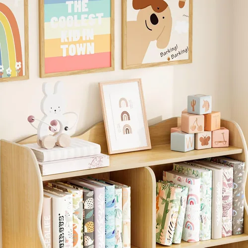 Vista 4 de Estantería para niños y organizador de juguetes Treocho, estantería de madera para niños de 3 niveles con diseño curvo, 5 compartimentos