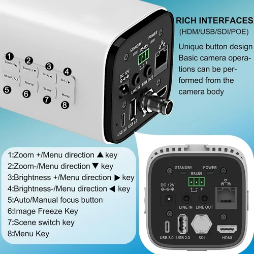 Vista 2 de Cámara de caja, cámaras Bullet 20X, cámara 4KP60 UHD con micrófono USB/SDI con botones de operación, soporta control remoto infrarrojo y control IP