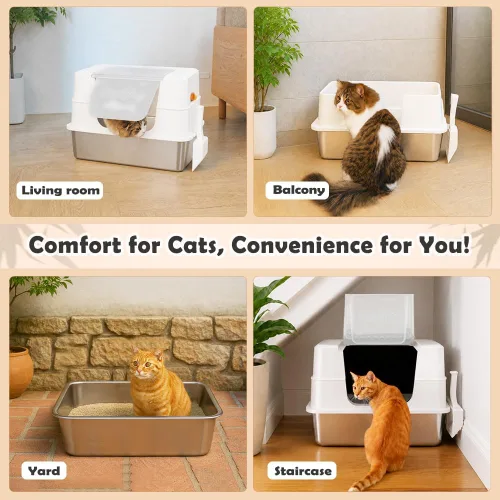 Vista 6 de Vivifying XL Enclosed Stainless Steel Cat Litter Box with Lid, White