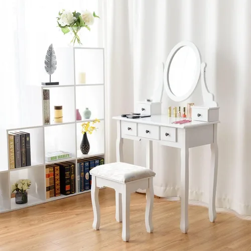 Vista 4 de MAT EXPERT Juego de mesa de tocador con espejo y cajón, tocador blanco con taburete acolchado, mesa organizadora de maquillaje con espejo giratorio