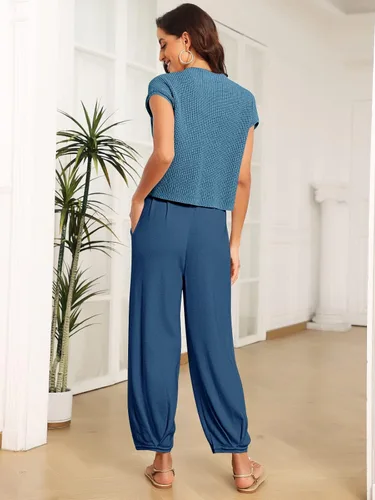 Vista 3 de LILLUSORY Conjuntos de 2 piezas para mujer, conjuntos de descanso de moda, suéter de punto acogedor de manga corta, conjunto de ropa de descanso a