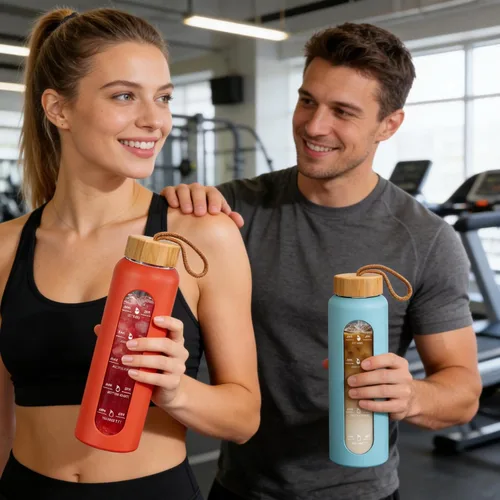 Vista 7 de Sursip Botella de agua de vidrio de 32 onzas, marcador de tiempo con funda y tapa de silicona Botella motivacional de 1 litro sin BPA, a prueba